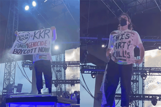 Aktivis berdemonstrasi membantah KKR ketika acara muzik anjuran Boiler Room di New York pada Julai 2025. KKR merupakan syarikat induk Superstruct Entertainment, pemilik platform hiburan itu.