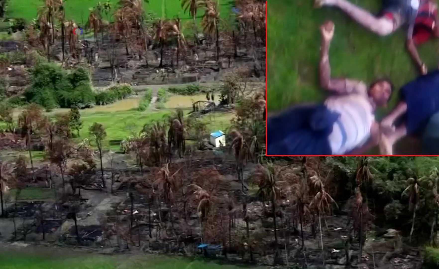 Entire villages in Rakhine State were burnt as part of the Myanmar junta’s genocidal campaign against Rohingya Muslims after they were stripped of citizenship. Inset: bodies of Muslim villagers killed by the Myanmar junta in Maungdaw, Rakhine State, in August 2017. Photos: VOA/RVision