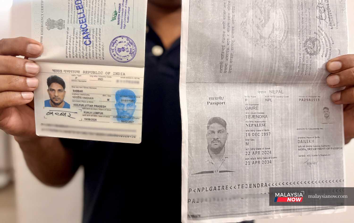 Babbar, an Indian national who was ‘sold’ three times to large companies without his consent, displays a forged Nepali passport (right) that his recruiter handed to him before transferring him from a fruit warehouse to a vehicle firm.