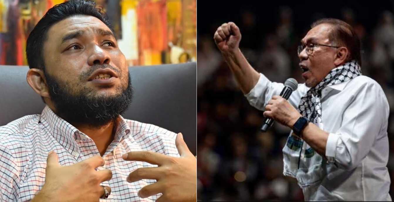Wan Muhammad Azri Wan Deris (left) and Prime Minister Anwar Ibrahim, seen here addressing a government-organised pro-Palestine rally.