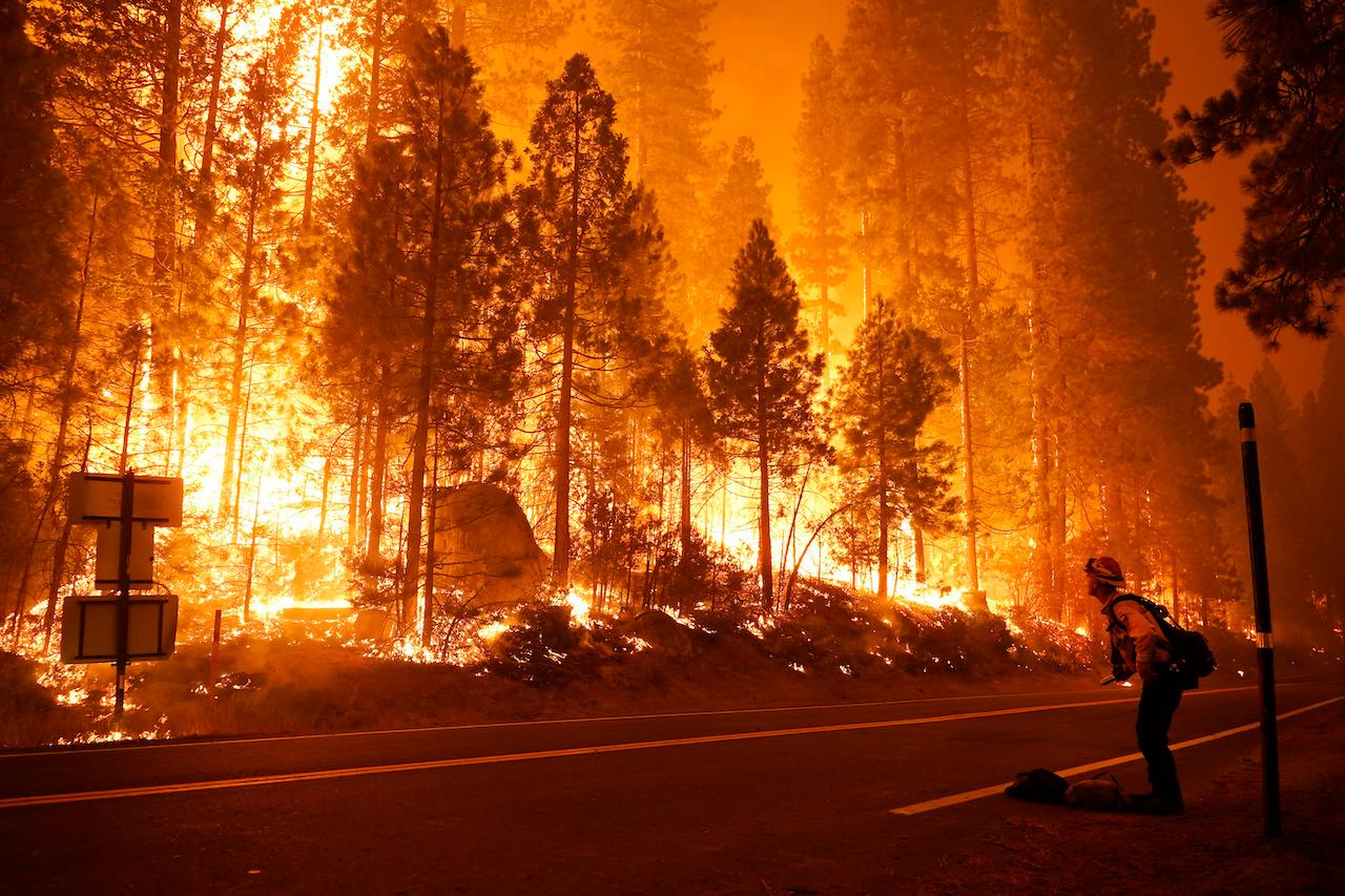A firefighter stands near a fire raging along a highway in California on Sept 6, 2020. Photo: AP