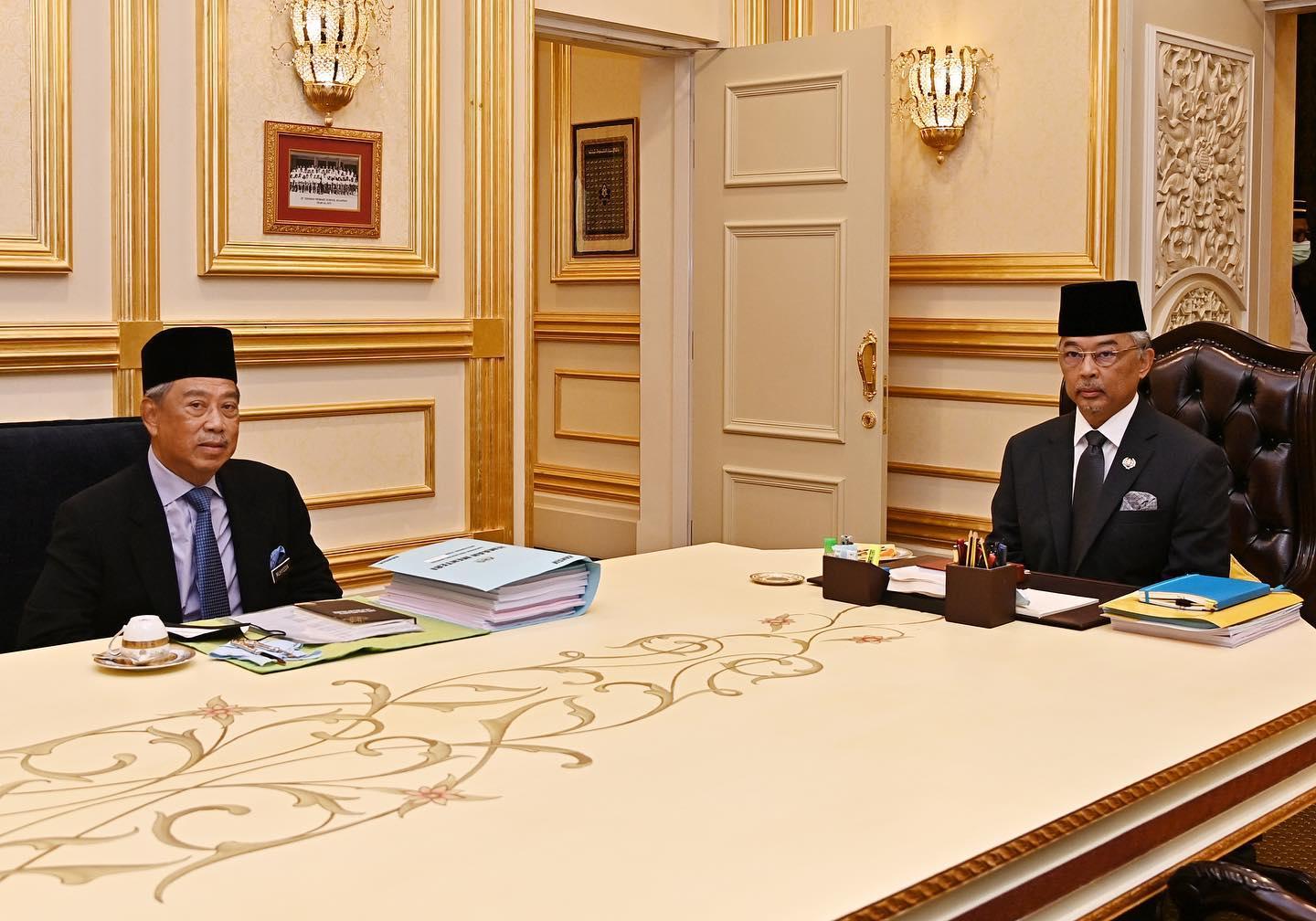 Prime Minister Muhyiddin Yassin with Yang di-Pertuan Agong Sultan Abdullah Sultan Ahmad Shah at Istana Negara today. Photo: Facebook