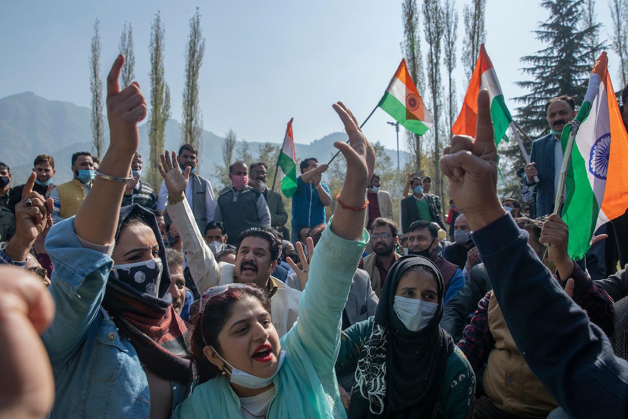 India's ruling Bharatiya Janata Party activists shout slogans during a rally in Srinagar, Indian-controlled Kashmir on Oct 26. Photo: AP