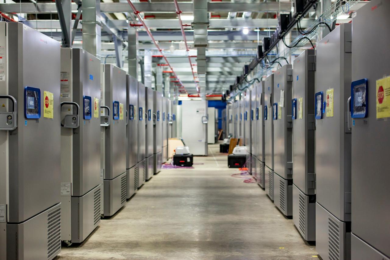 This October 2020 photo provided by Pfizer shows part of a 'freezer farm', a football field-sized facility for storing finished Covid-19 vaccines, under construction in Kalamazoo, Michigan. Photo: AP