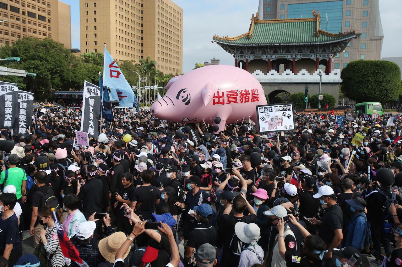 People protest in Taipei on Nov 22 over a decision allowing US pork imports into Taiwan, alleging food safety issues. Photo: AP