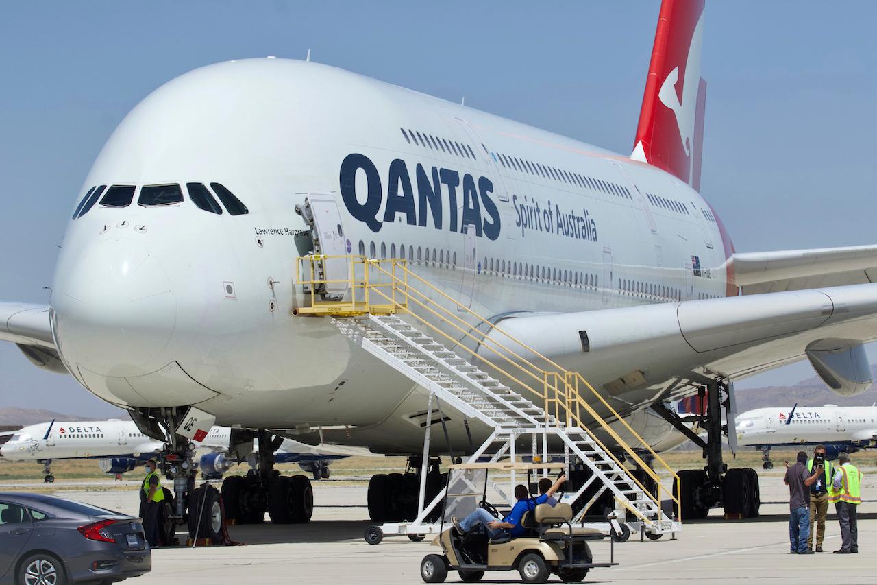 In this July 6 file photo, a Qantas Airbus A380 arrives at Southern California Logistics Airport in Victorville, California. Photo: AP
