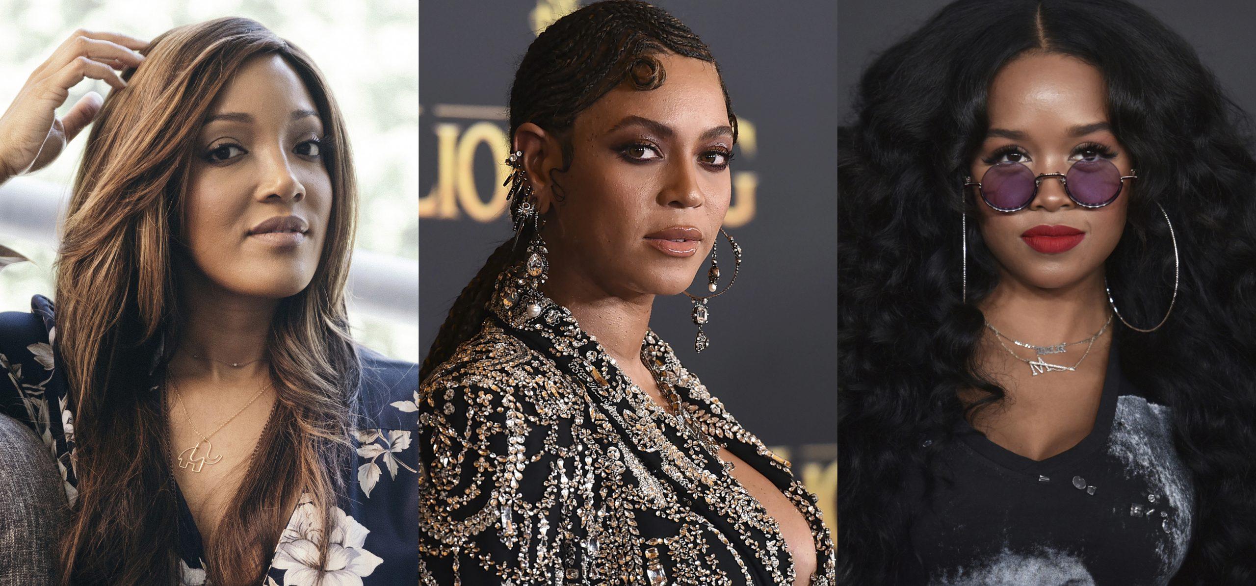 (From left) Mickey Guyton, Beyonce Knowles and H.E.R., whose songs about the Black experience all landed Grammy nominations Tuesday. Photo: AP