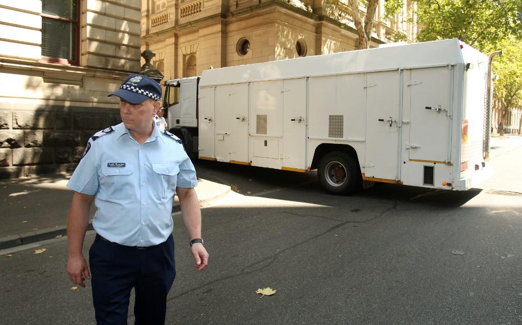 Muslim cleric Abdul Nacer Benbrika and six followers taken from the Supreme Court by prison truck after being jailed for 15 years for forming an Australian terror cell which plotted bomb attacks designed to kill thousands in Melbourne on Feb 3, 2009. Photo: AFP