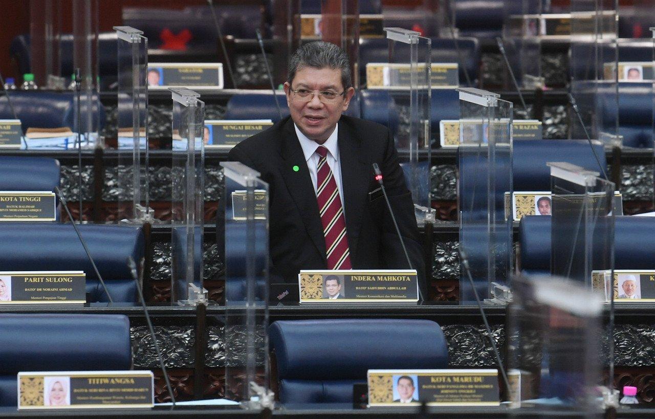 Communications and Multimedia Minister Saifuddin Abdullah speaks in the Dewan Rakyat on Nov 25, when he said Jasa would be rebranded as J-KOM with a focus on promoting the new normal in light of Covid-19. Photo: Bernama