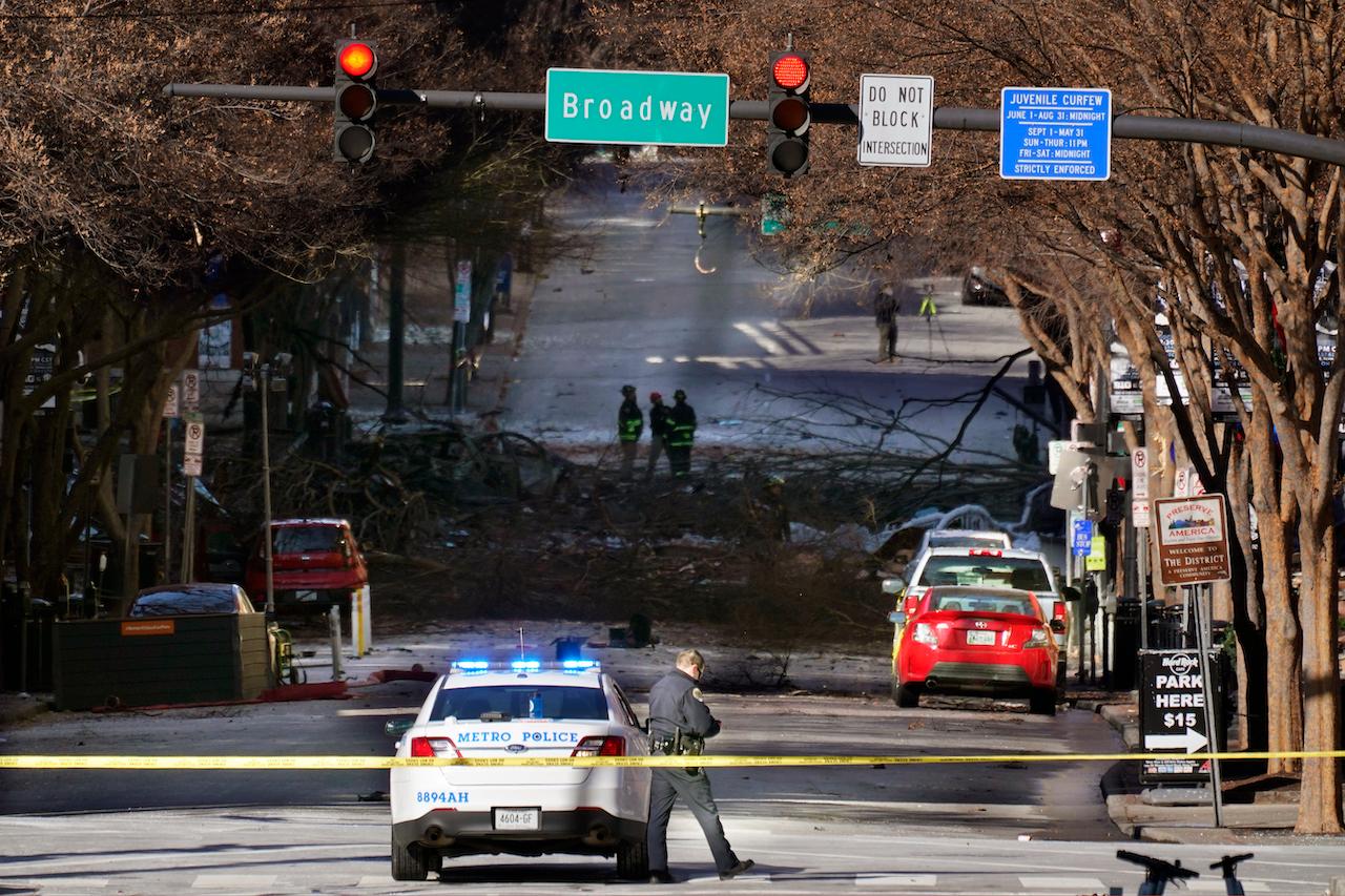 A police officer blocks the entrance to the scene of an explosion in Nashville, Dec 26. Authorities say they believe the blast was intentional. Photo: AP