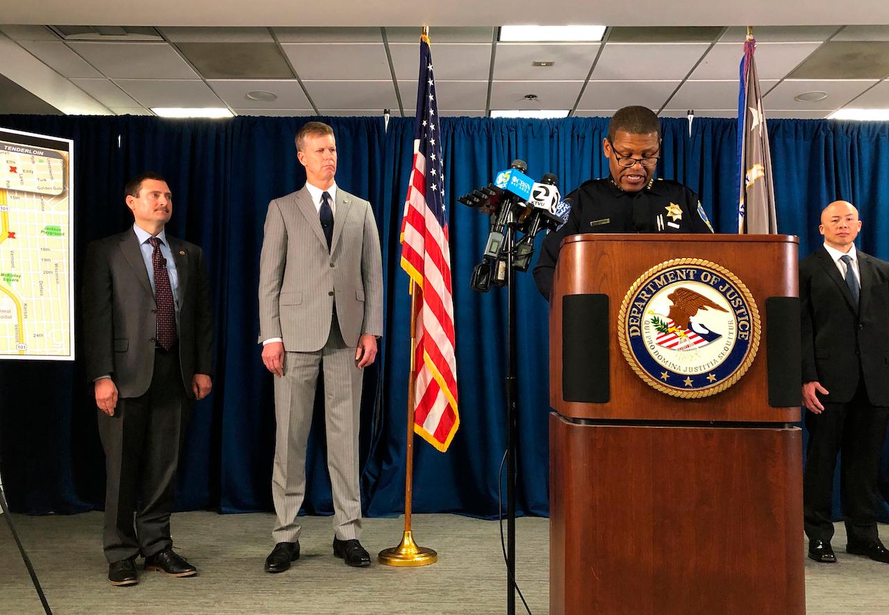 San Francisco Police Chief William Scott joins federal authorities announcing indictments against 17 alleged members and associates of the MS-13 gang in this March 13, 2020 file photo. The US has brought terrorism charges against 14 MS-13 leaders in the most sweeping indictment against MS-13 and its command-and-control structure in US history. Photo: AP