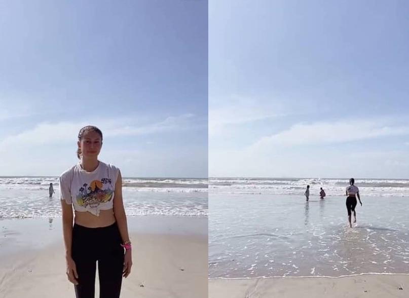 Screenshots of a video of Haflin Saiful at the beach while wearing a pink home quarantine wristband.