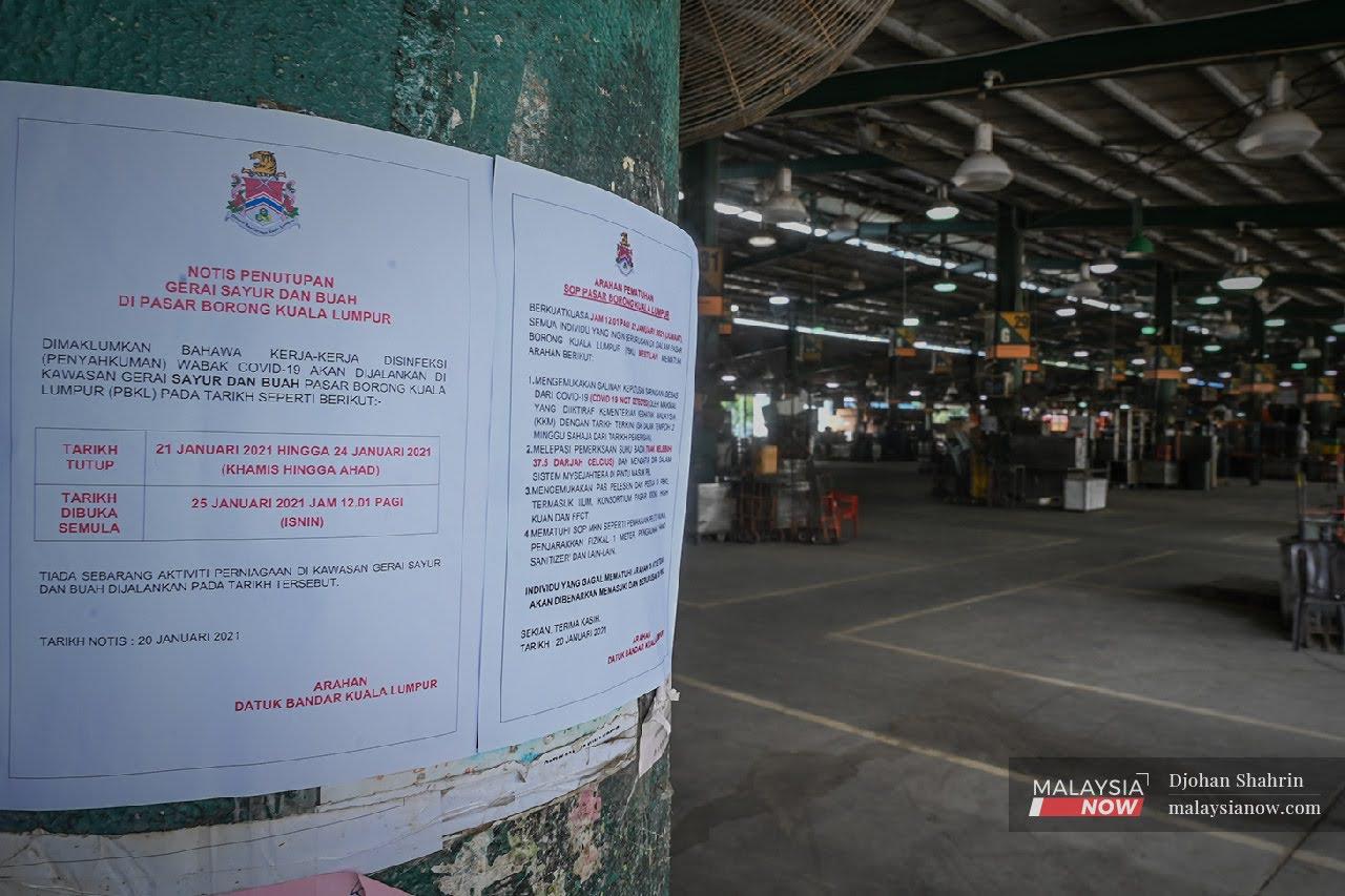 The Kuala Lumpur wholesale market which was ordered to close until Jan 24 after 111 traders and workers tested positive for Covid-19.