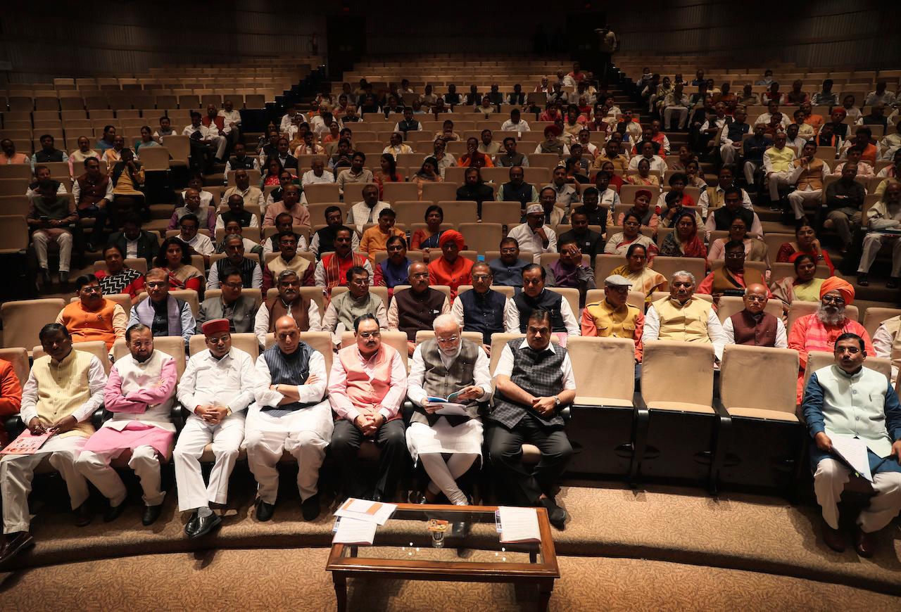 Indian Prime Minister Narendra Modi (centre) and other BJP lawmakers sit at a Covid-19 briefing at the Parliament in New Delhi, India, March 17, 2020. BJP has dominated India's federal government for more than two decades but its influence has been limited in southern parts of the country. Photo: AP