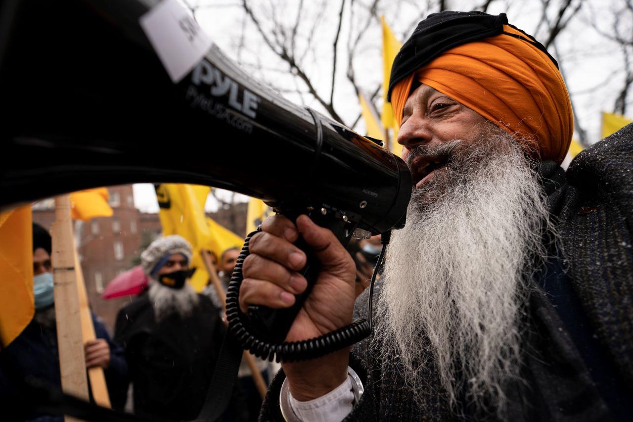 Protesters lead chants outside the consulate general of India, Jan 26, in the Manhattan borough of New York, a day after tens of thousands of farmers broke through police barricades in New Delhi to storm the historic Red Fort. Photo: AP