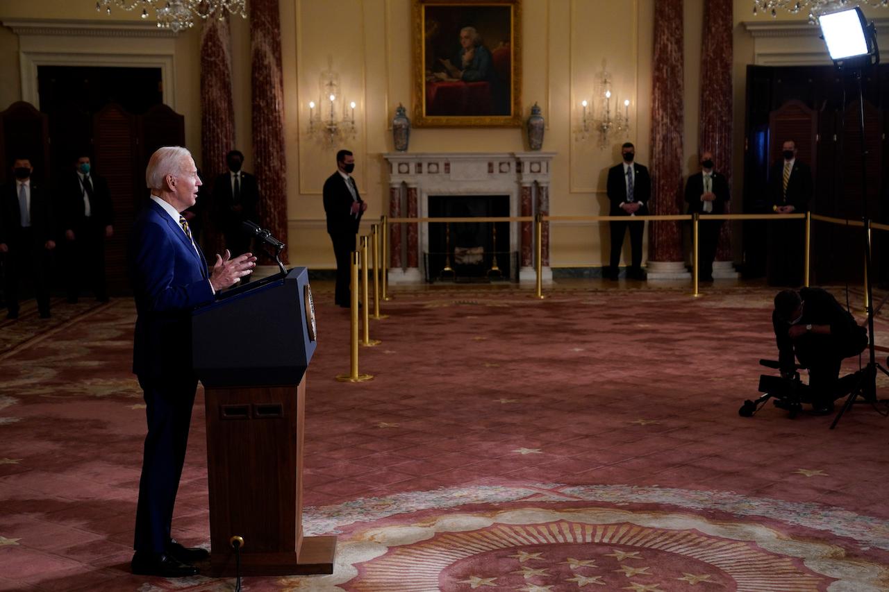 US President Joe Biden speaks about foreign policy at the State Department, Feb 4. Photo: AP