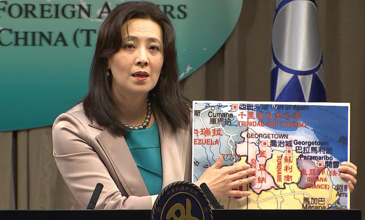 Taiwan's foreign ministry spokesman Joanne Ou points at a map of Guyana at a weekly press conference in Taipei, Taiwan, Feb 4. Photo: AP