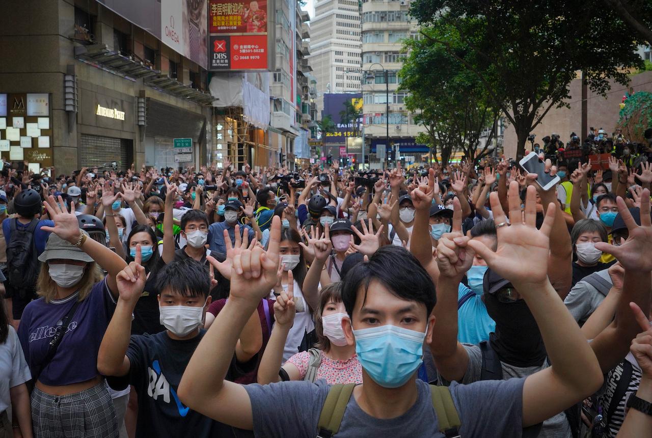 Protesters against the new national security law gather in Hong Kong, July 1, 2020. Photo: AP