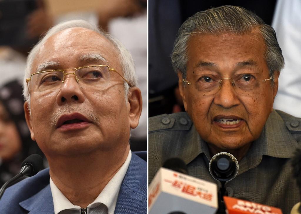 Bekas perdana menteri Najib Razak dan Dr Mahathir Mohamad. Gambar: AFP