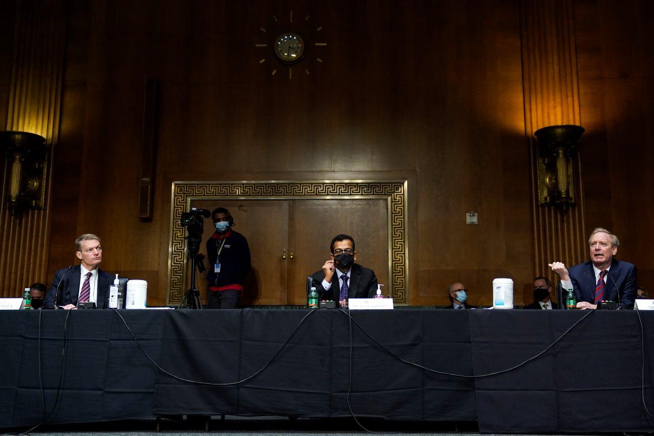 FireEye CEO Kevin Mandia, SolarWinds CEO Sudhakar Ramakrishna and Microsoft president Brad Smith testify during a Senate Intelligence Committee hearing on Capitol Hill. Photo: AP