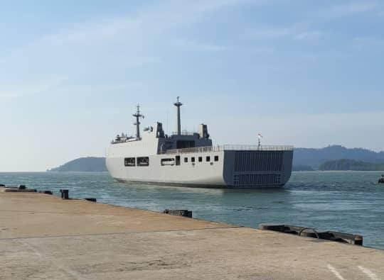 One of the ships at the military base in Lumut, Perak, on which over 1,000 Myanmar nationals were deported yesterday. Photo: Facebook