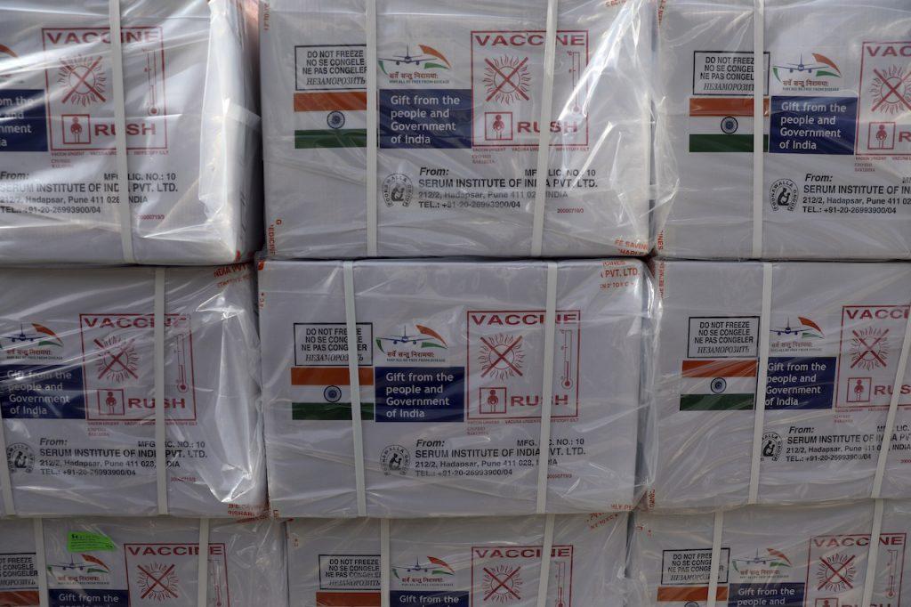 Boxes of the first shipment of 500,000 doses of the AstraZeneca vaccine made by Serum Institute of India await distribution at the Hamid Karzai International Airport in Kabul, Afghanistan, Feb 7. India is among nations seen as brushing up their prestige by sharing vaccine stocks with poor, vulnerable countries. Photo: AP