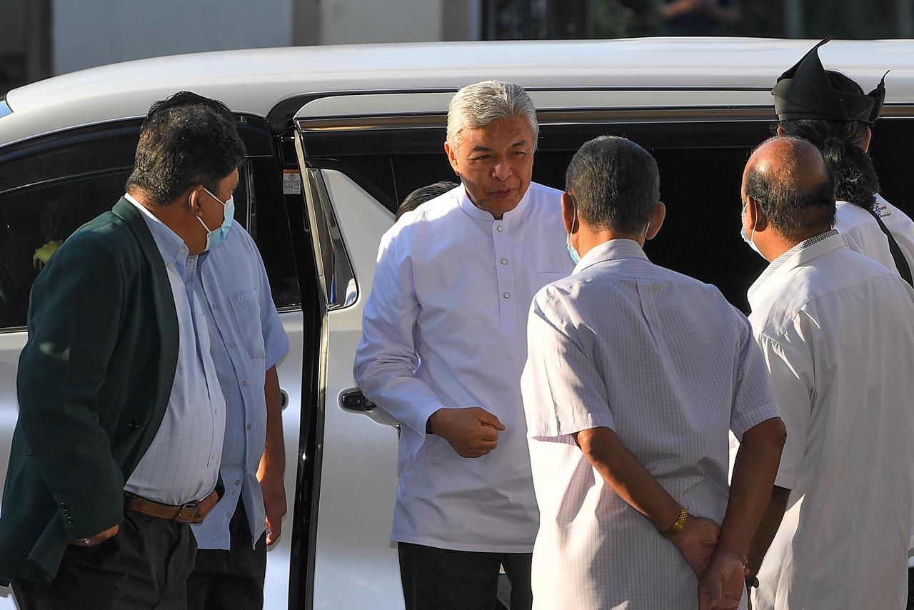 Former deputy prime minister Ahmad Zahid Hamidi arrives at the High Court in Kuala Lumpur today for the continuance of his corruption case. Photo: Bernama