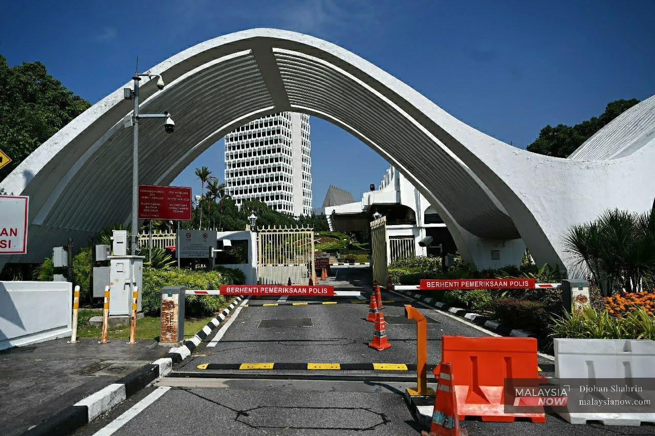 The entrance to the Parliament building in Kuala Lumpur, where a group of opposition MPs are planning to gather to push for a Dewan Rakyat sitting during the emergency period.