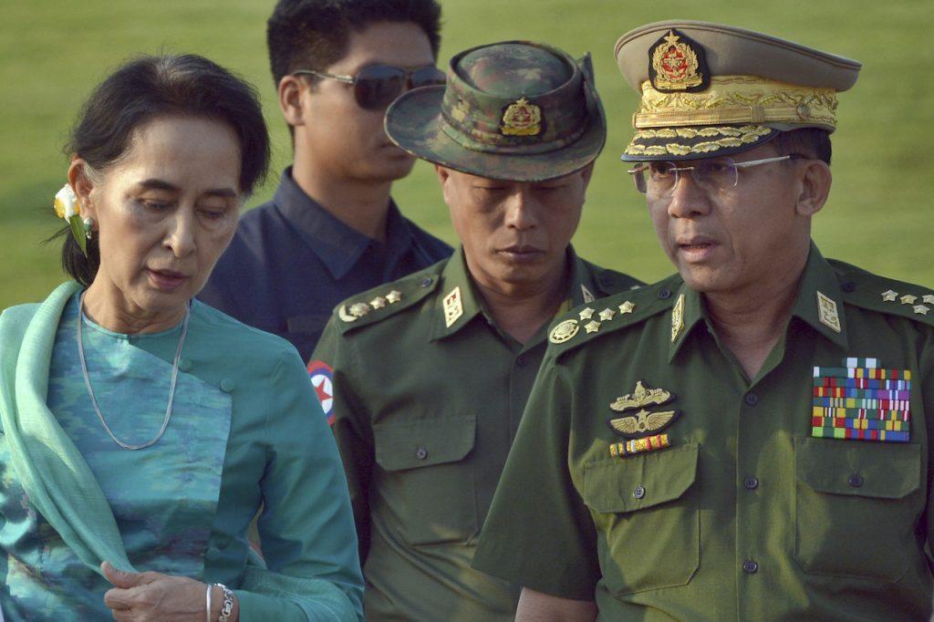Aung San Suu Kyi (left) walks with senior General Min Aung Hlaing, Myanmar's commander-in-chief, in this file photo taken on May 6, 2016. The coup on Feb 1 that ousted Suu Kyi's government has brought hundreds of thousands onto the streets to confront the generals, who have responded with a brutal crackdown that has left at least 200 dead. Photo: AP