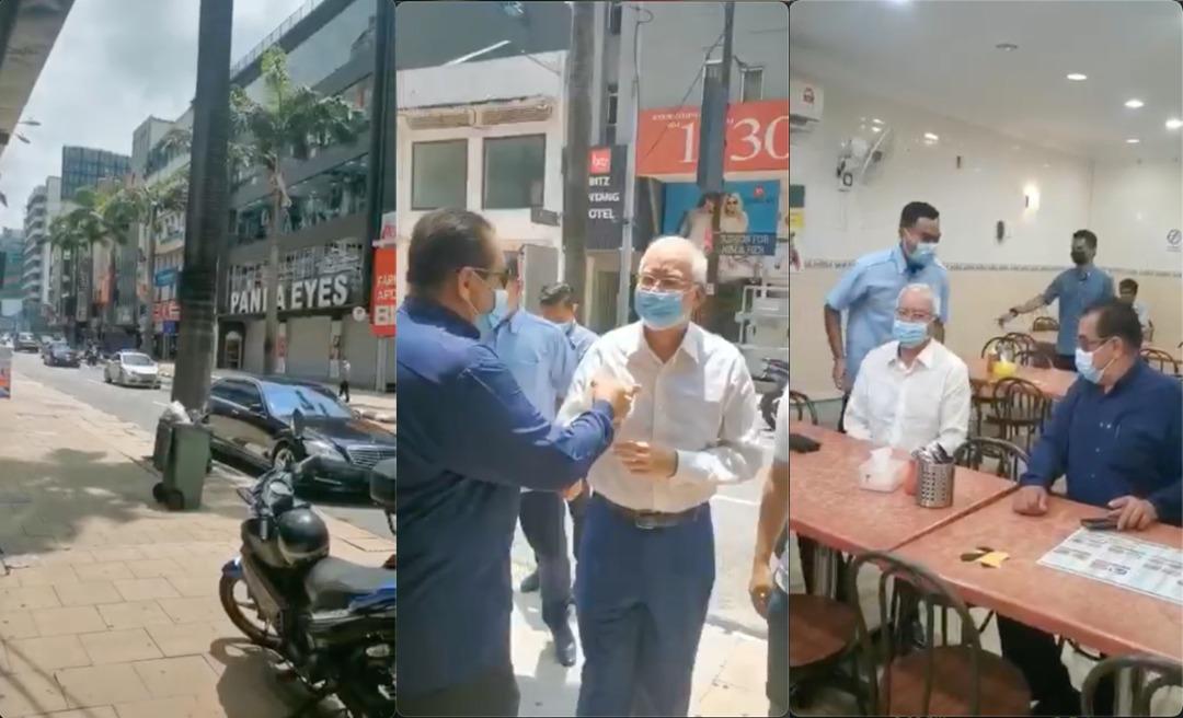 A compilation of screenshots from a video making the rounds on social media, showing Najib Razak arriving under police escort and being shown to his seat in the restaurant in Kuala Lumpur.