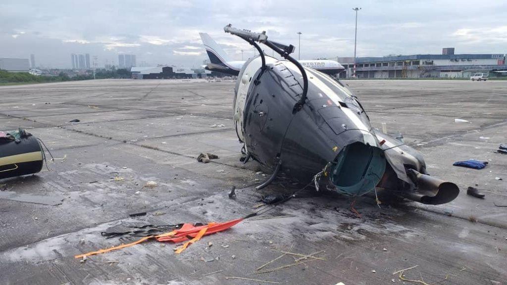 The Airbus H125 helicopter which crashed at Subang Airport this morning. Photo: Selangor Fire and Rescue Department
