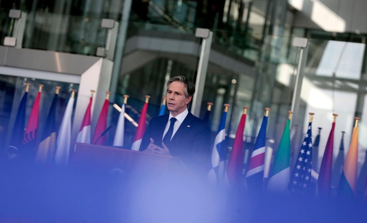 US Secretary of State Antony Blinken delivers an address after a meeting of Nato foreign ministers at the Nato headquarters in Brussels, March 24. Photo: AP