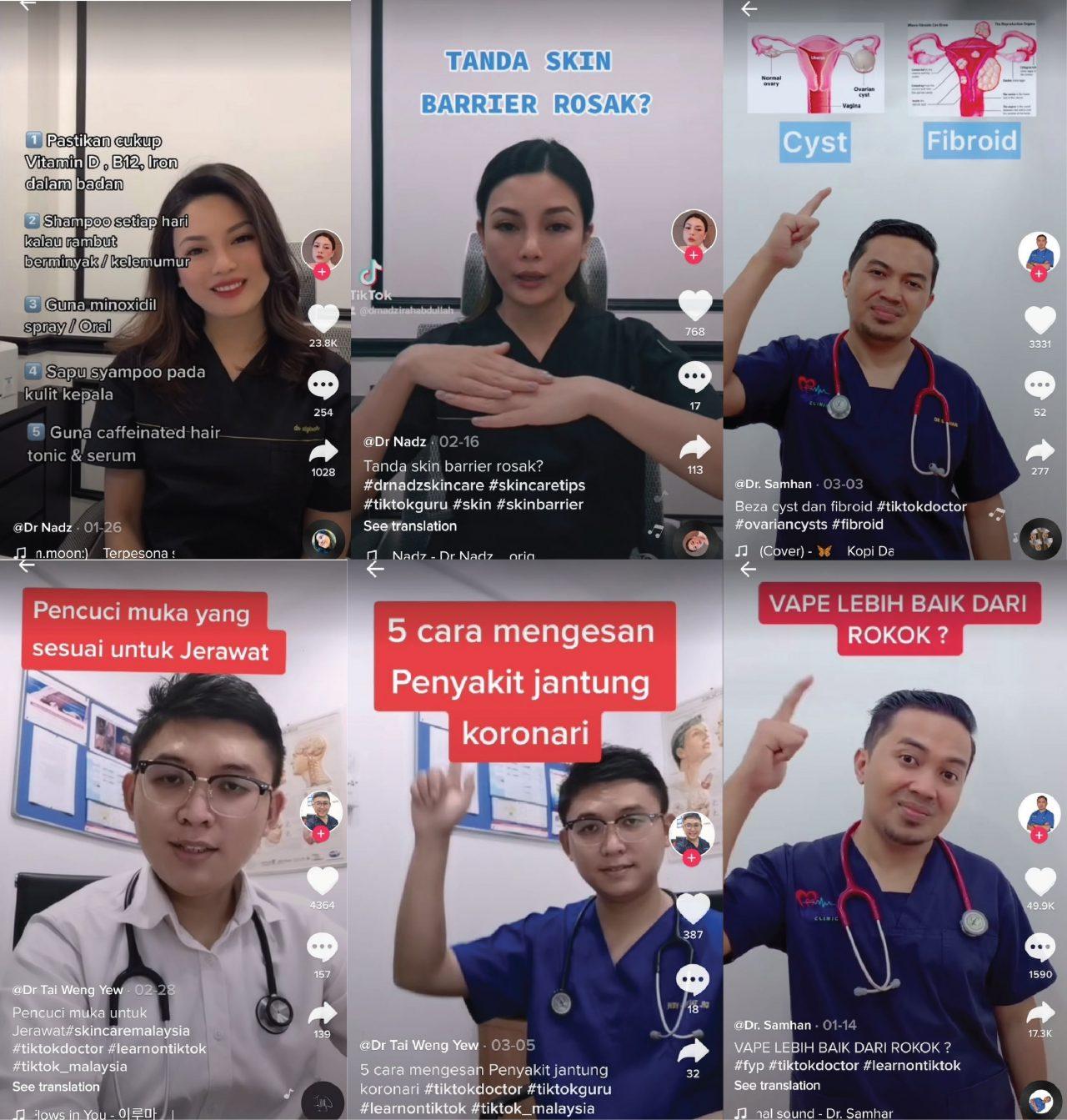 A compilation of screenshots showing Dr Nadzirah Abdullah, Dr Samhan Awang and Dr Tai Weng Yew offering medical advice and tips on video-sharing platform TikTok.