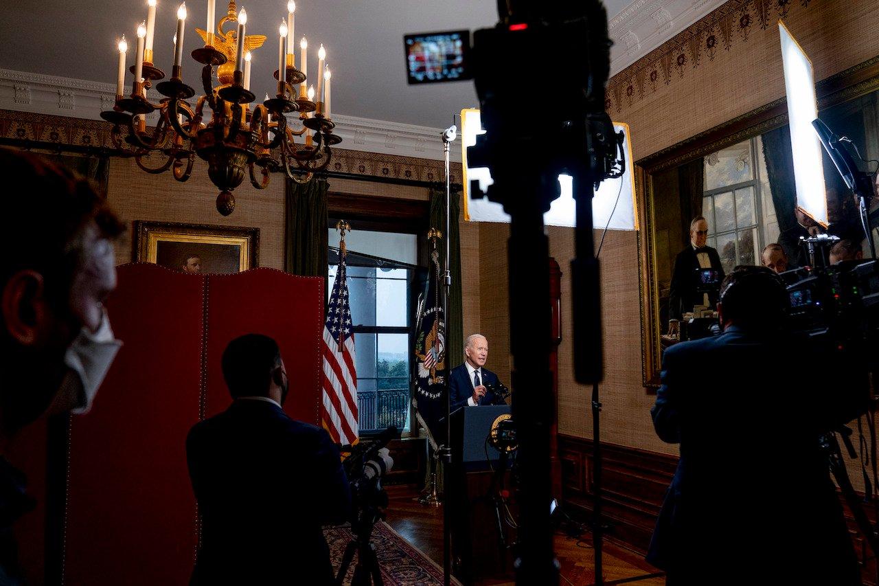 US President Joe Biden speaks from the Treaty Room in the White House, April 14, about the withdrawal of the remainder of US troops from Afghanistan. Photo: AP
