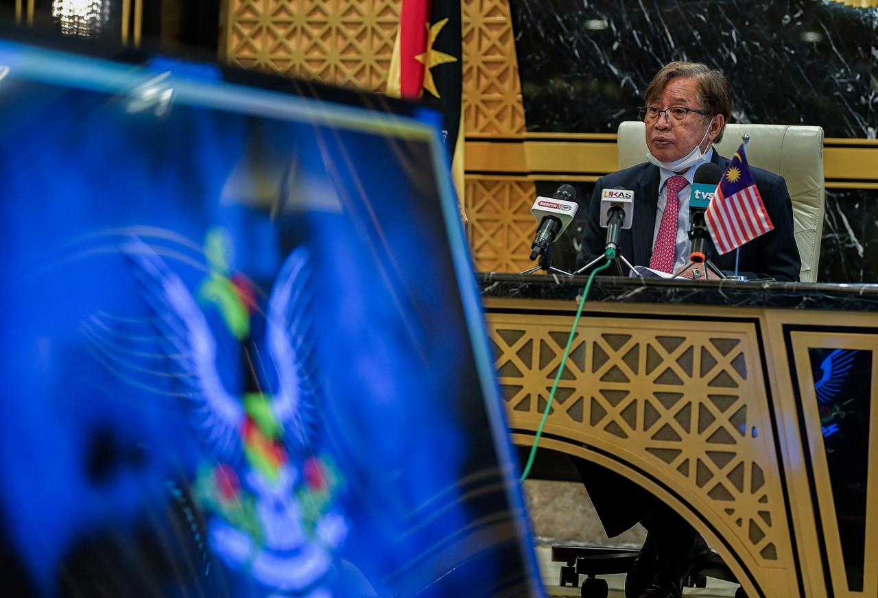 Sarawak Chief Minister Abang Johari Openg speaks at a press conference on the enforcement of Covid-19 SOPs in Kuching today. Photo: Bernama