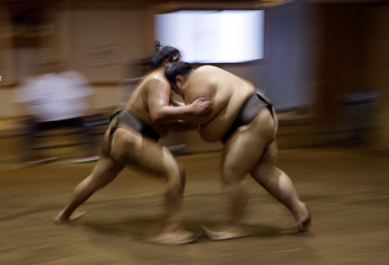 Sumo wrestlers train at the Musashigawa Sumo Stable at Beppu, western Japan, in this file photo taken Oct 18, 2019. The sport has been criticised in the past for failing to protect its wrestlers from concussions. Photo: AP