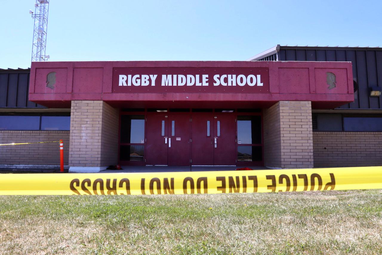 Police tape marks a line outside Rigby Middle School following a shooting there on May 6 in Rigby, Idaho. Photo: AP