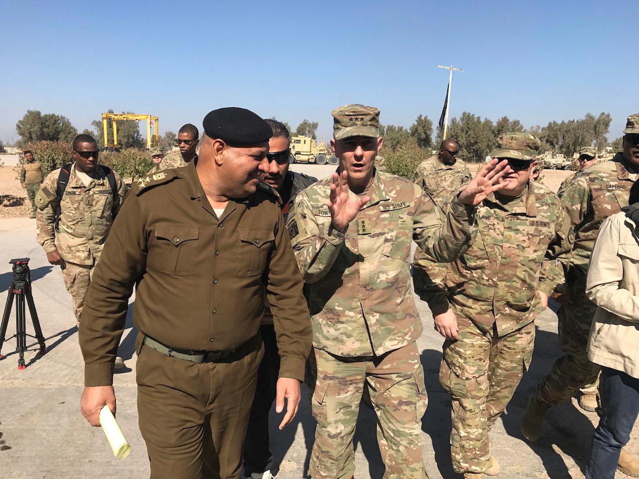 Then-lieutenant general Stephen Townsend talks with an Iraqi officer during a tour north of Baghdad, Iraq, Feb 8, 2017. Townsend, now a general, says a growing military threat from China may well come from America’s east, as Beijing looks to establish a large navy port capable of hosting submarines or aircraft carriers on the Atlantic coast of Africa. Photo: AP