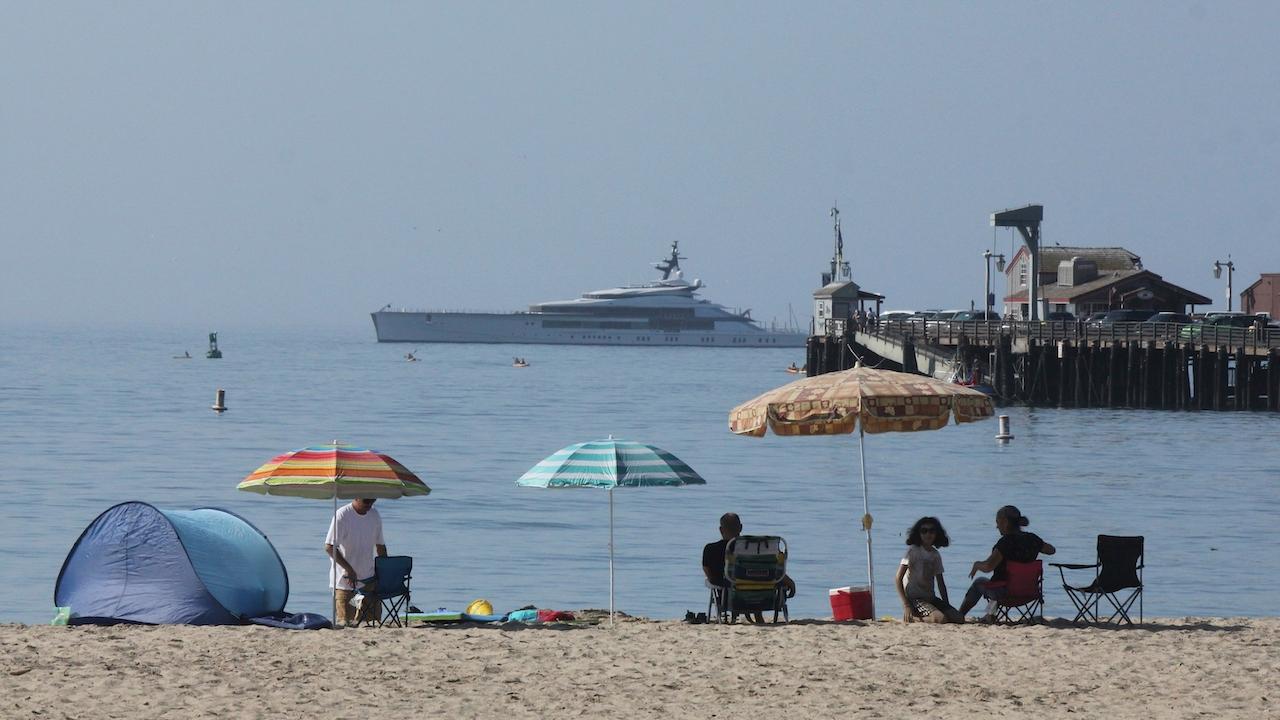 A superyacht lies offshore of a beach at Santa Barbara, California, in this Aug 16, 2020 file photo. Photo: AP