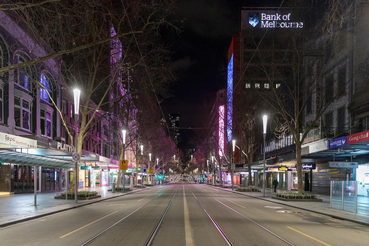 A street stands empty at night during a lockdown in this Aug 5, 2020 file photo taken in the central business district in Melbourne. Melbourne, the city that was once Australia’s worst Covid-19 hotspot, has announced a seven-day lockdown, its fourth since the pandemic began. Photo: AP