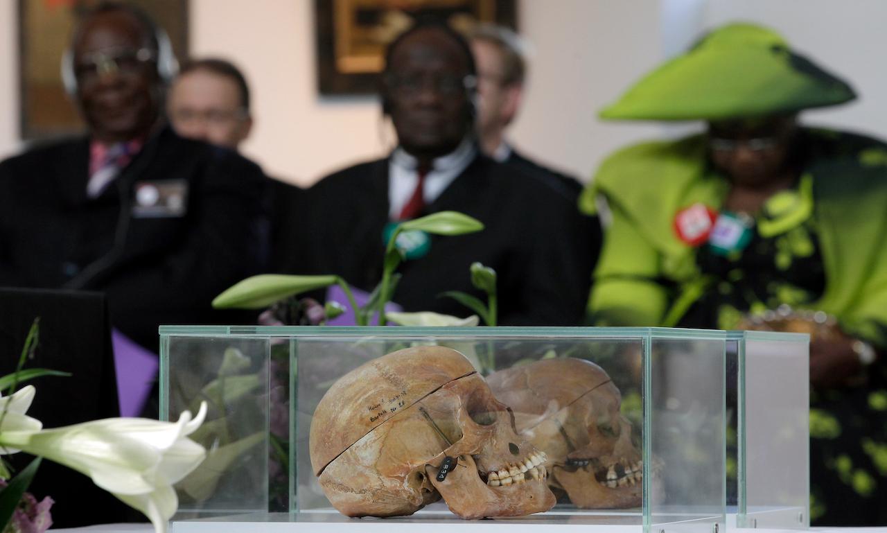 In this Sept 29, 2011 file photo, skulls of Ovaherero and Nama people are displayed during a devotion attended by representatives of the tribes from Namibia in Berlin, Germany. Germany has reached an agreement with Namibia that will see it officially recognise as genocide the colonial-era killings of tens of thousands of people. Photo: AP