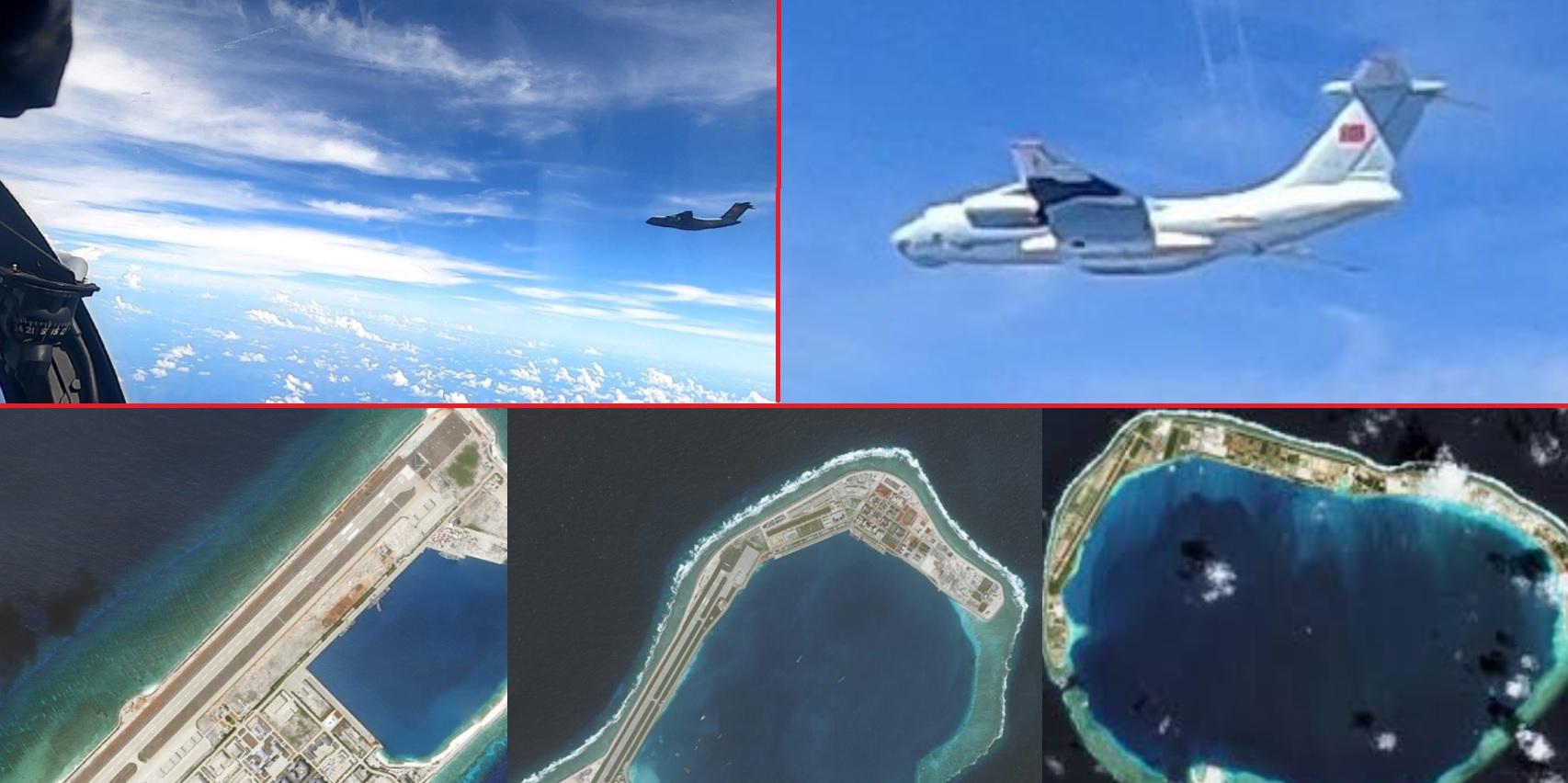 Two of the Chinese air force planes intercepted by Malaysia on May 31 (top), and satellite images of the Fiery Cross, Subi and Mischief reefs, three rocky islands converted into military forts by Beijing in the South China Sea (bottom).
