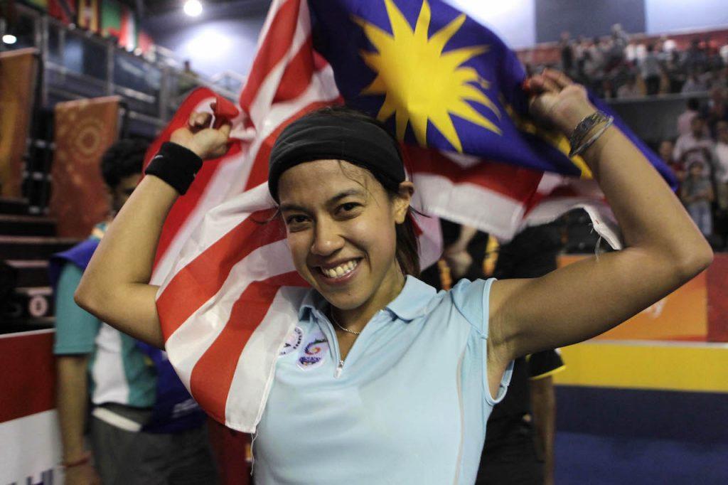 Nicol David celebrates after winning the gold medal in the women's singles squash event during the 2010 Commonwealth Games in New Delhi, India. Photo: AP