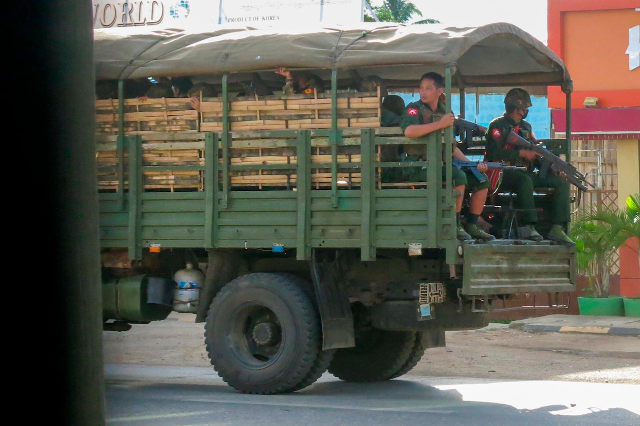 In this May 23 file photo, military troops and police go on patrol at Kayah state, eastern Myanmar. Photo: AP