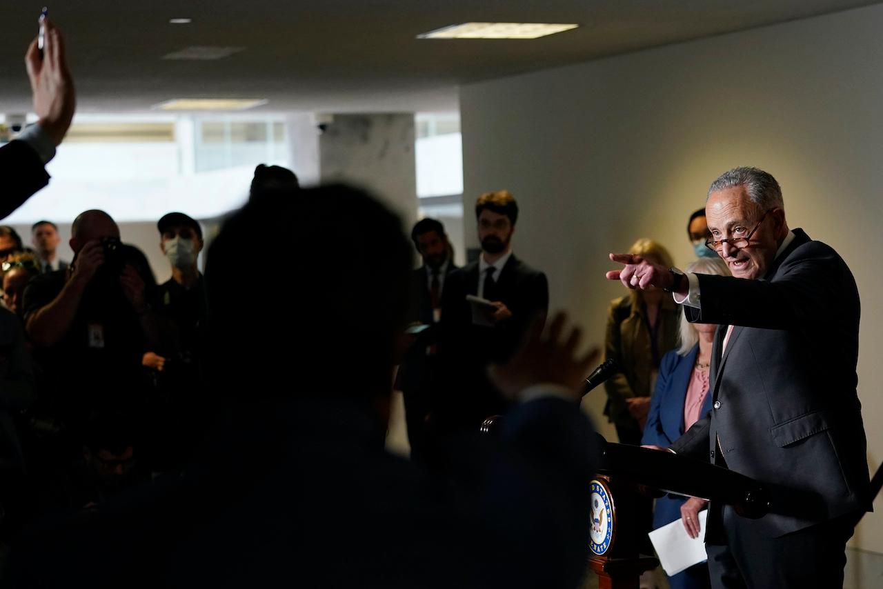Senate majority leader Chuck Schumer talks with reporters on Capitol Hill in Washington, June 8. Photo: AP