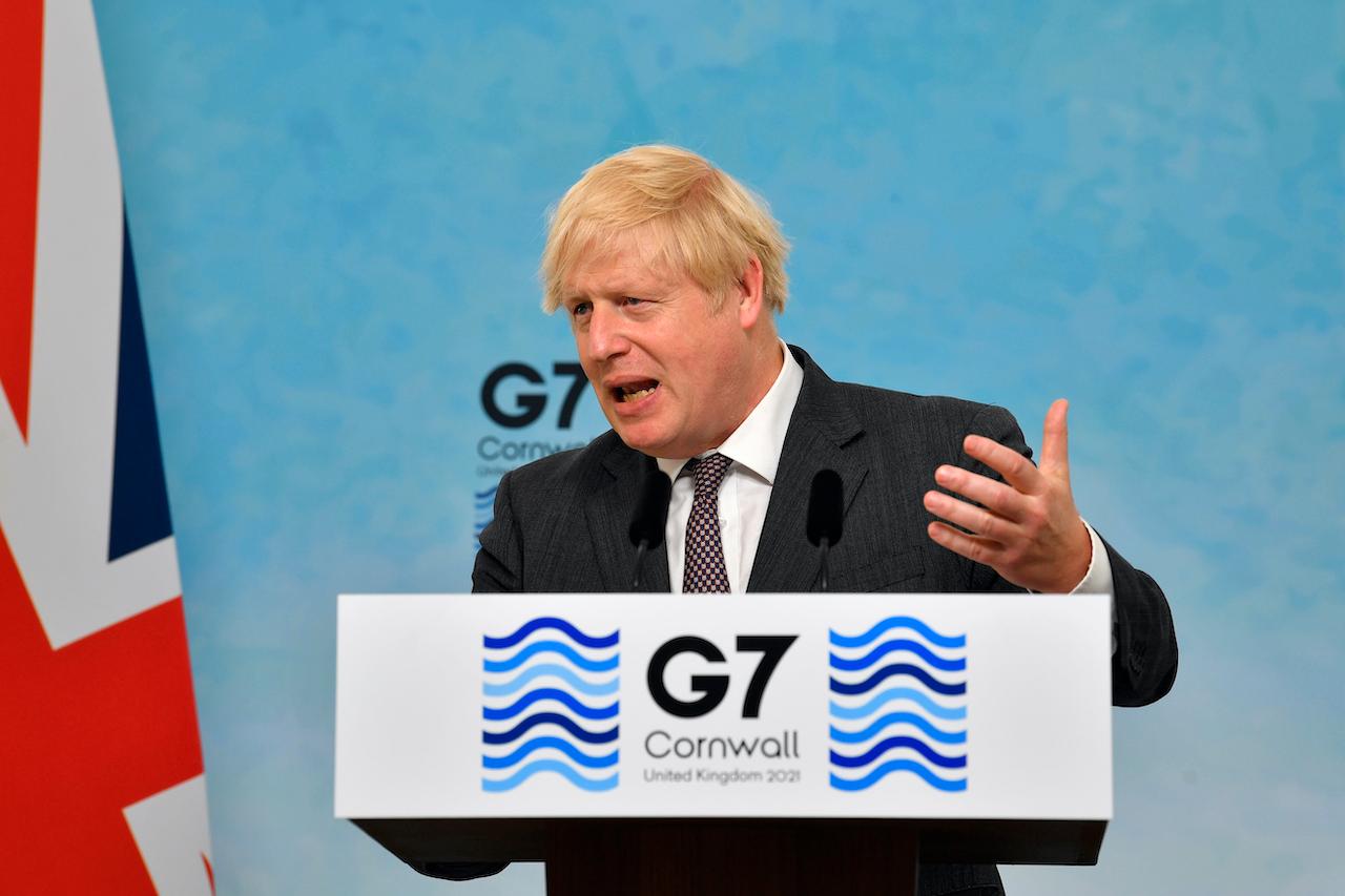 Britain's Prime Minister Boris Johnson gestures during a press conference on the final day of the G7 summit in Carbis Bay, Cornwall, England, June 13. Photo: AP