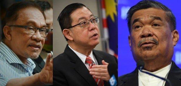 Pemimpin Pakatan Harapan: Presiden PKR Anwar Ibrahim, Setiausaha Agung DAP Lim Guan Eng dan Presiden Amanah Mohamad Sabu.