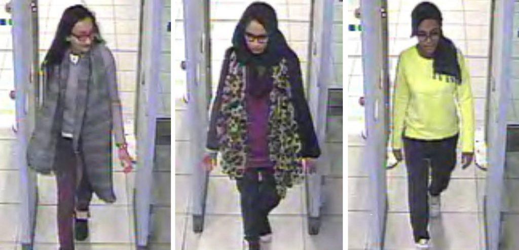 Shamima Begum (centre) passes through security at Gatwick airport, south England, with two of her friends ahead of their flight to Turkey in this Feb 23, 2015 file photo of stills taken from CCTV footage. Photo: AFP