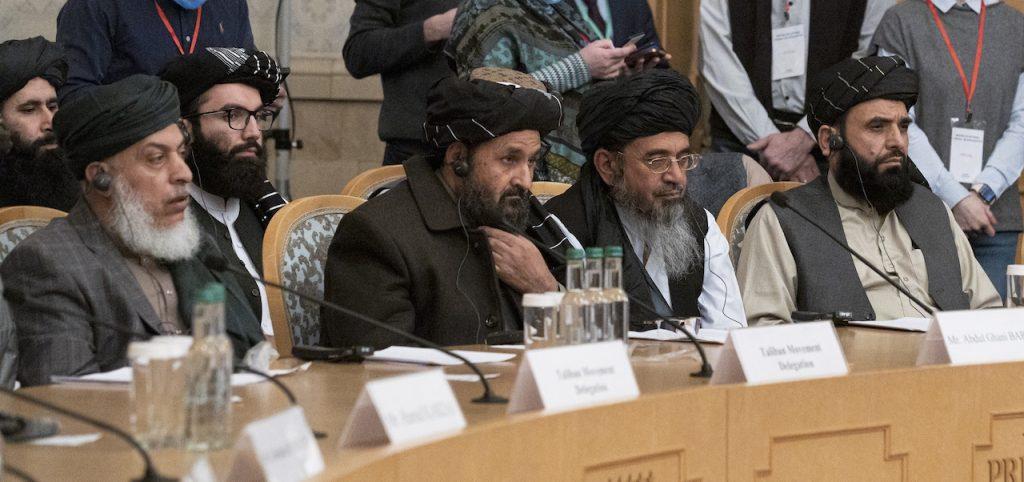 Taliban co-founder Mullah Abdul Ghani Baradar (centre) with other members of the Taliban delegation attend an international peace conference in Moscow, Russia, March 18. Photo: AP