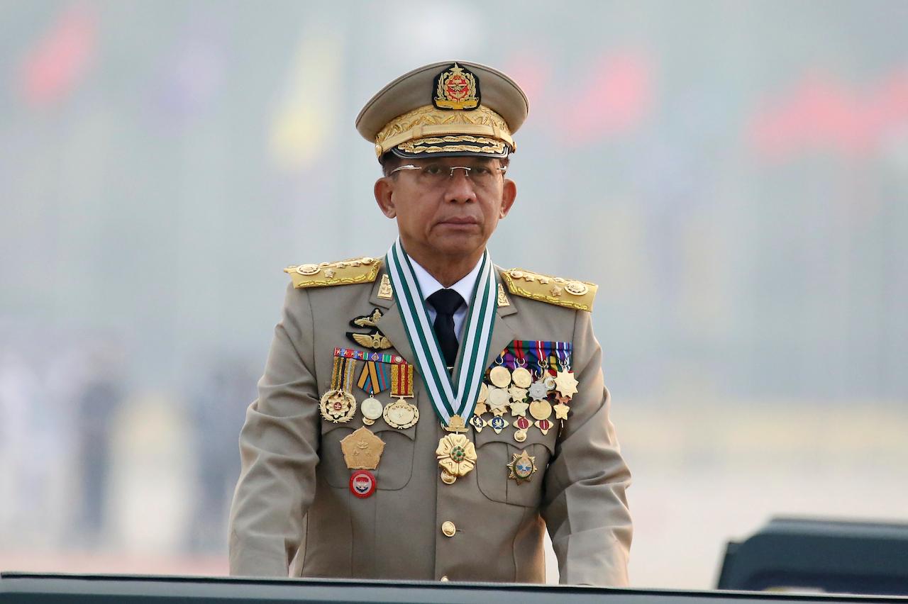Myanmar's commander-in-chief Senior General Min Aung Hlaing presides over an army parade on Armed Forces Day in Naypyitaw, Myanmar, March 27. Photo: AP